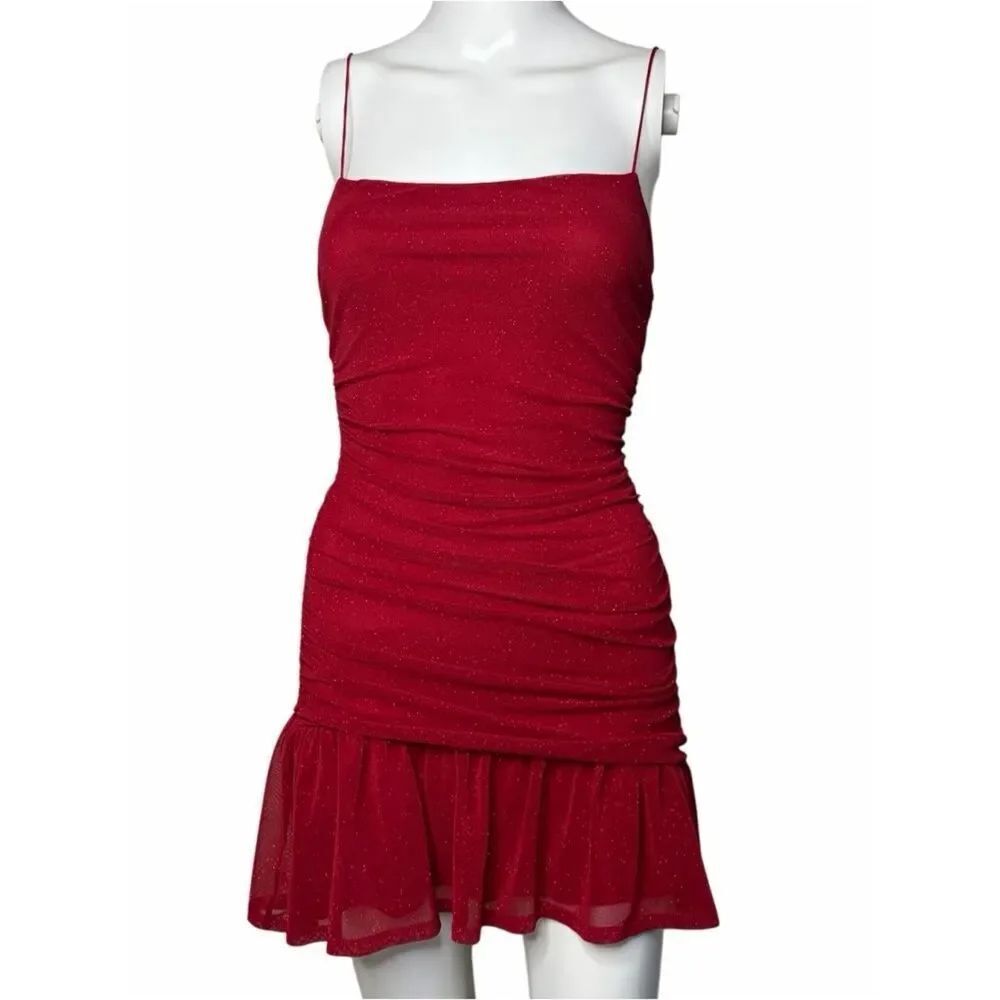 Q Red Sparkle Ruched Slip Dress with Ruffle Hem Size Small - Picture 2 of 3